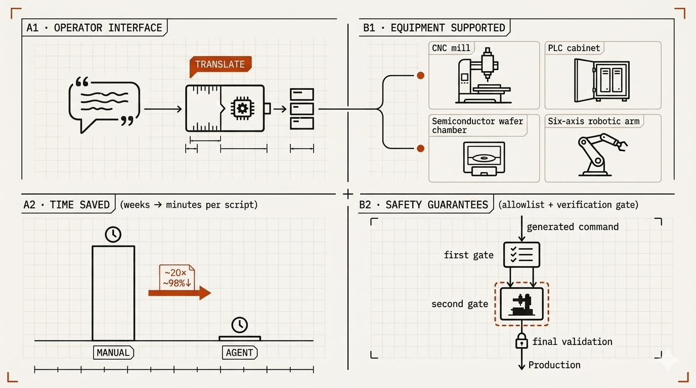 Four-panel agent system diagram: A1 operator interface (natural-language prompt translated into machine commands), B1 equipment supported (CNC mill, PLC cabinet, semiconductor wafer chamber, six-axis robotic arm), A2 time saved (manual vs agent bar chart, ~20× faster / ~98% reduction, weeks to minutes per script), B2 safety guarantees (first gate allowlist, second gate verification, final validation before production)