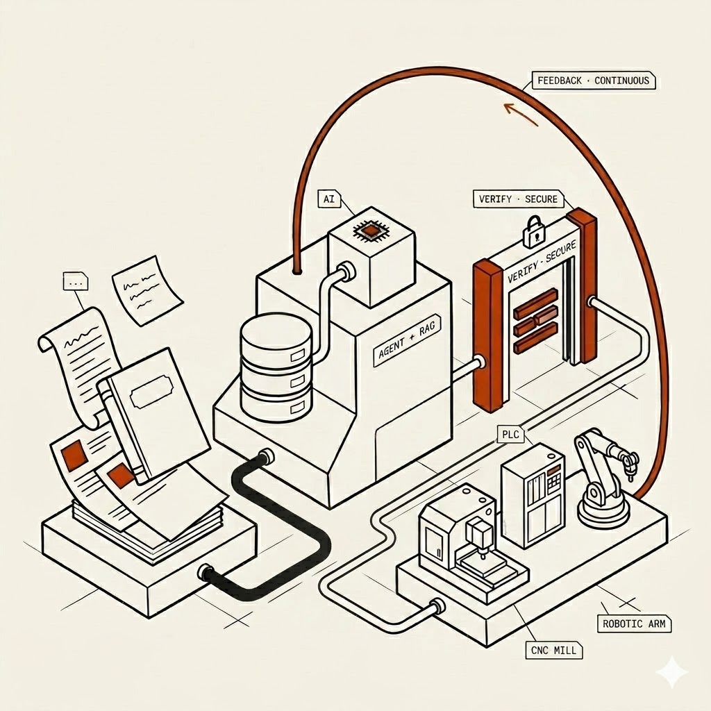 Isometric schematic of an AI agent system: documents feed a database-backed agent, code passes through a secure verification gate, then deploys to CNC, PLC, and robotic equipment with a continuous feedback loop
